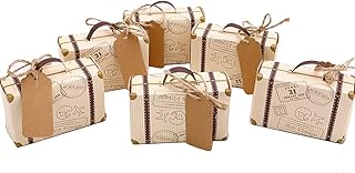 Lot de 50 boîtes à dragées en forme de petite valise, en papier kraft vintage avec étiquettes et ficelle en toile de jute pour mariage, fête sur le thème de voyage, fête de mariée, décoration