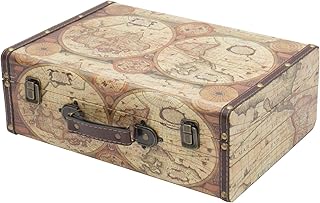 HMF VKO104 Valise en Bois Vintage | 38 x 26 x 13 cm | Grand | Carte du Monde en Couleur comme Décoration