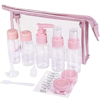 Bouteille de Voyage Cosmetique Vide 12 PCS mit Trousse de Toilette Transparente pour Maquillage Liquides, Shampoing, Gel Douche, Crème vec Petit Entonnoir pour Le Vol, Avion, Vacances, Rose