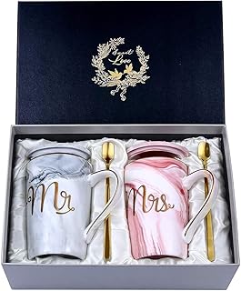Doublewhale Coffrets Cadeaux Couple Mariage Mr Mrs Tasse à Café en Céramique, Cadeau Saint Valentin Couple, avec Couvercle et Cuillère, pour Mariée et Le Marié - 14 Oz