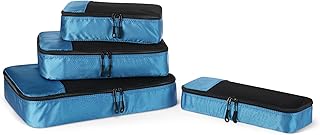 Ensemble 4 Cubes de Rangement, Organisateurs de Voyage, Double Fermeture Éclair, Dessus en Maille, 100% Polyester, Tailles S/M/L et Format Fin, Bleu Ciel (Anciennement Amazon Basics)