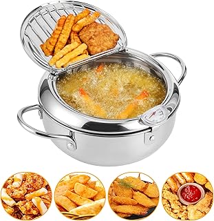 Friteuse japonaise Tempura de 24 cm, en acier inoxydable, avec thermomètre, égouttoir, friteuse japonaise pour frites, ailes de poulet et crevettes
