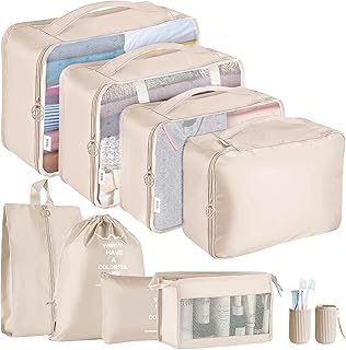 Jsdoin Organisateur de Valise,Lot de 9 Organiseurs de Bagage pour Voyage,Sacs Rangement de Valise Voyage Accessoires,Sacs à Vêtements, Sacs à Chaussures, Sacs de Rangement pour Cosmétiques (Beige)