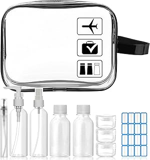 Trousse de Toilette Transparente + 8 Bouteilles Vide - Kit de Voyage avec Pochette Étanche et Sac Transparent pour Produits Toilette - Conforme aux Normes Aériennes